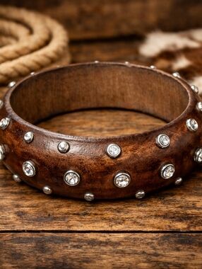 Vintage Wood Rhinestone Studded Bangle Bracelet Brown Chunky Boho Statement